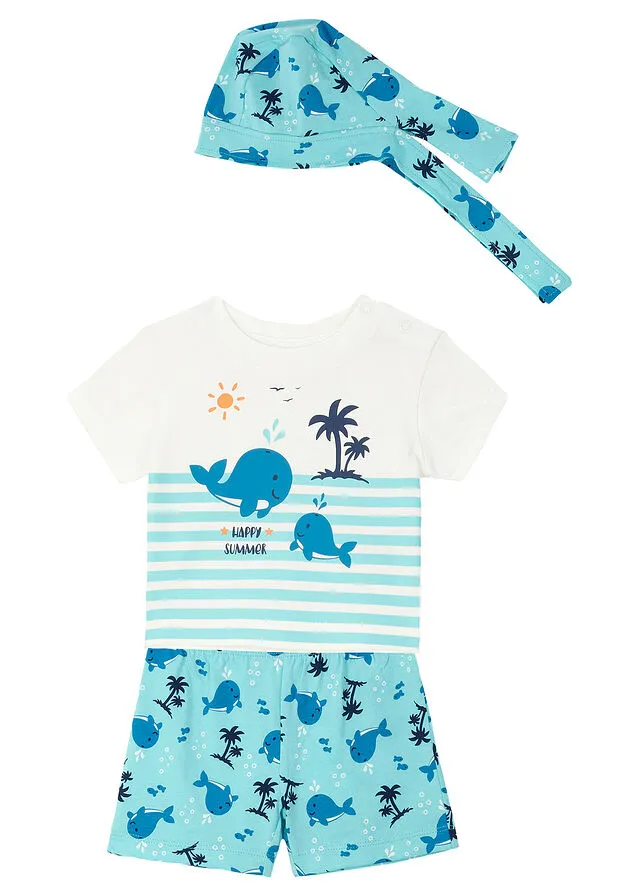 CAMISETA + PANTALóN CORTO + PAñUELO DE ALGODóN ORGáNICO (CONJUNTO DE 3 PIEZAS) PARA BEBé VERDE AGUAMARINABLANCO LANA ESTAMPADO